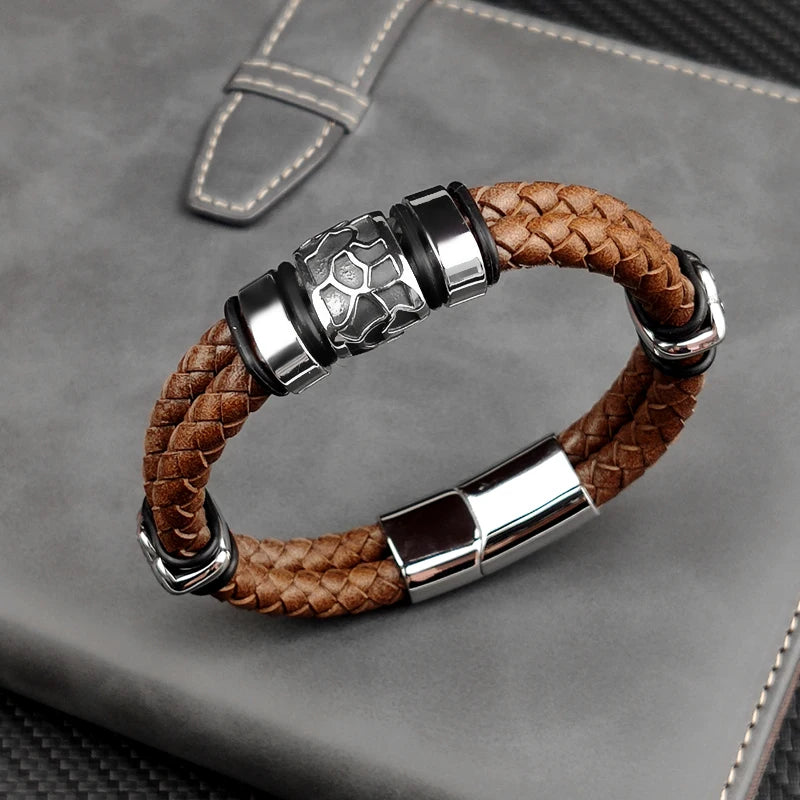 Brown Luxury 316L Stainless Steel Irregularly Cracked Man Bracelet Genuine Braided Leather Men's Jewelry Free Shipping Items