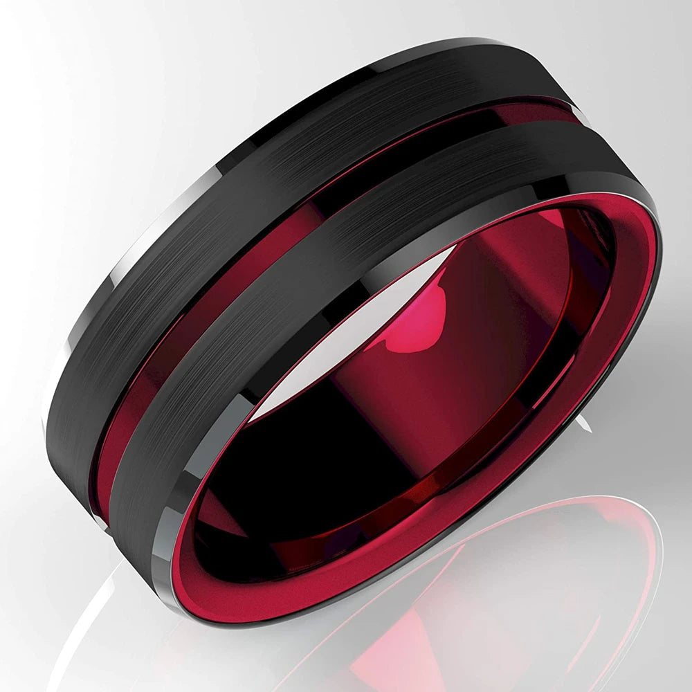 Fashion 8MM Men's Stainless Steel Rings Blue Red Colorful Groove Beveled Edge Wedding Engagement Ring Men's Anniversary Jewelry
