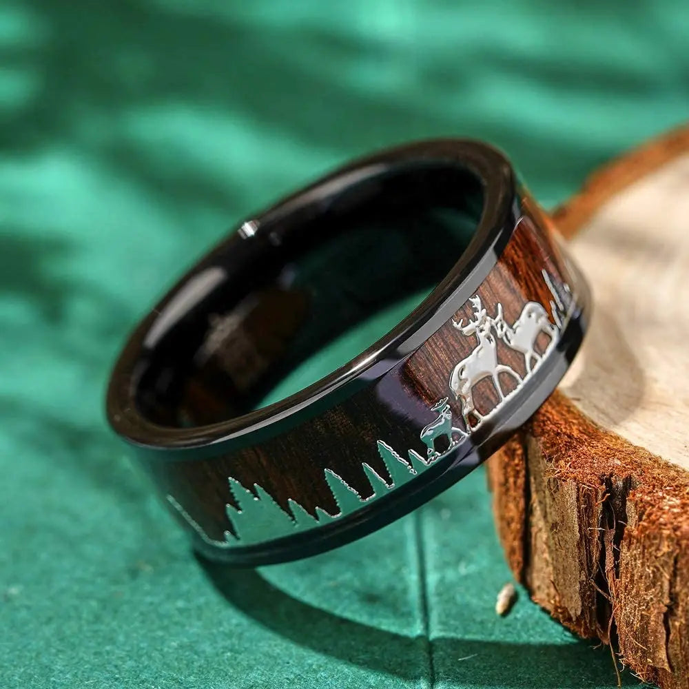 Fashion 8mm Deer Antler Black Titanium Stainles Steel Rings For Men Women Forest Elk Antler Ring Wedding Ring Men Wedding Band