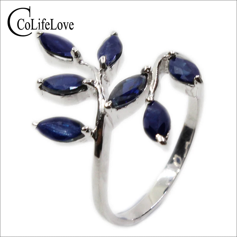 Classic Silver Leaf Ring 7 Pcs 3mm * 6mm Natural Dark Blue Sapphire Ring for Woman Real 925 Silver Sapphire Ring Romantic Gift Blue