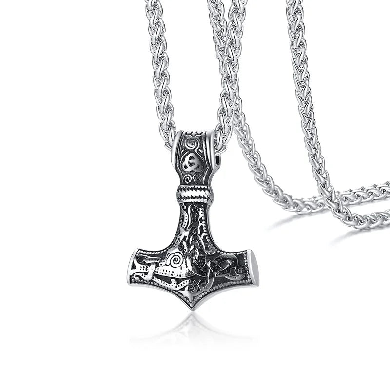 Vnox Vintage Men Norse Viking Necklaces,Rock Punk Retro Thor Mjolnir Hammer Pendant,Scandinavian Nodic Amulet Rune Neck Jewelry