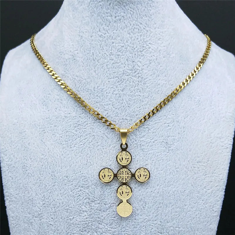 2026 Fashion Stainless Steel Cross Necklace for Women Men Saint Benedict Gold Color Necklaces Jewelry Gifts Collar Cruz N3450S05