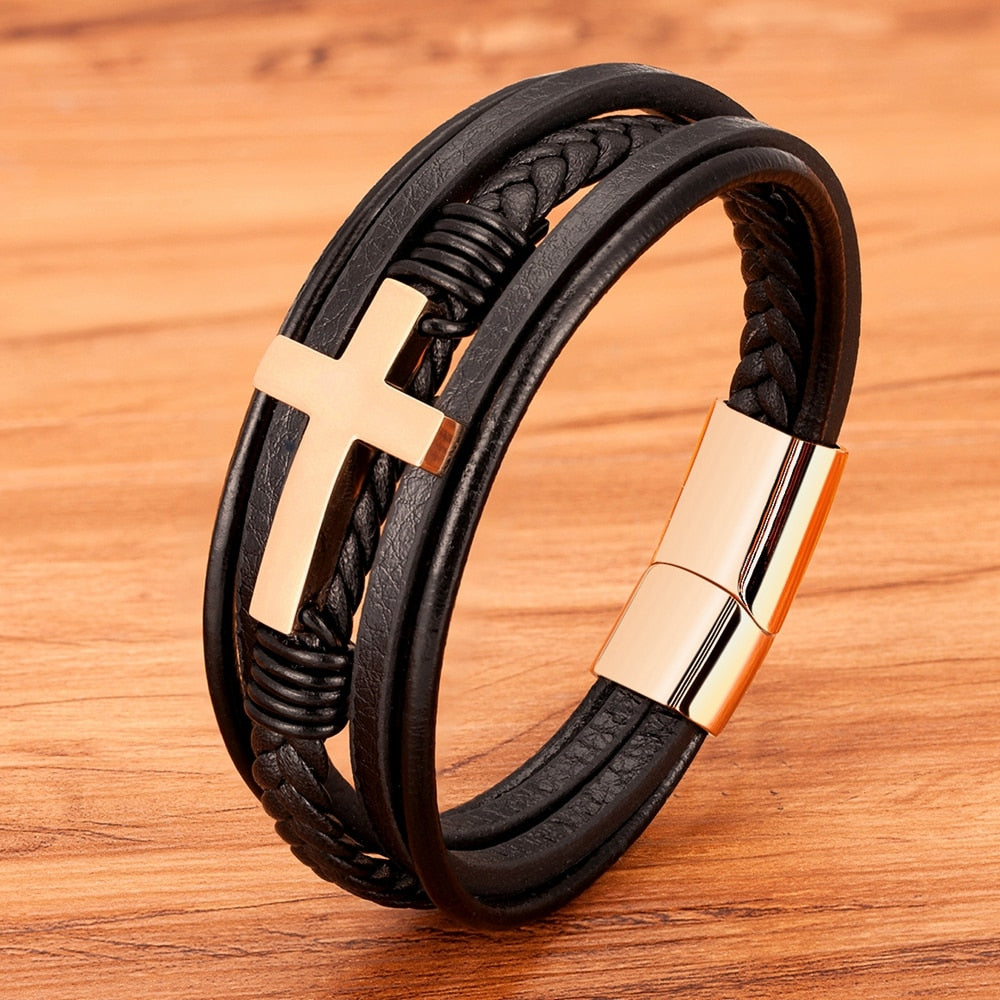 TYO Classic Style Cross Men Bracelet Multi-Layer Stainless Steel Leather Bangles Magnetic Clasp For Friend Fashion Jewelry Gift