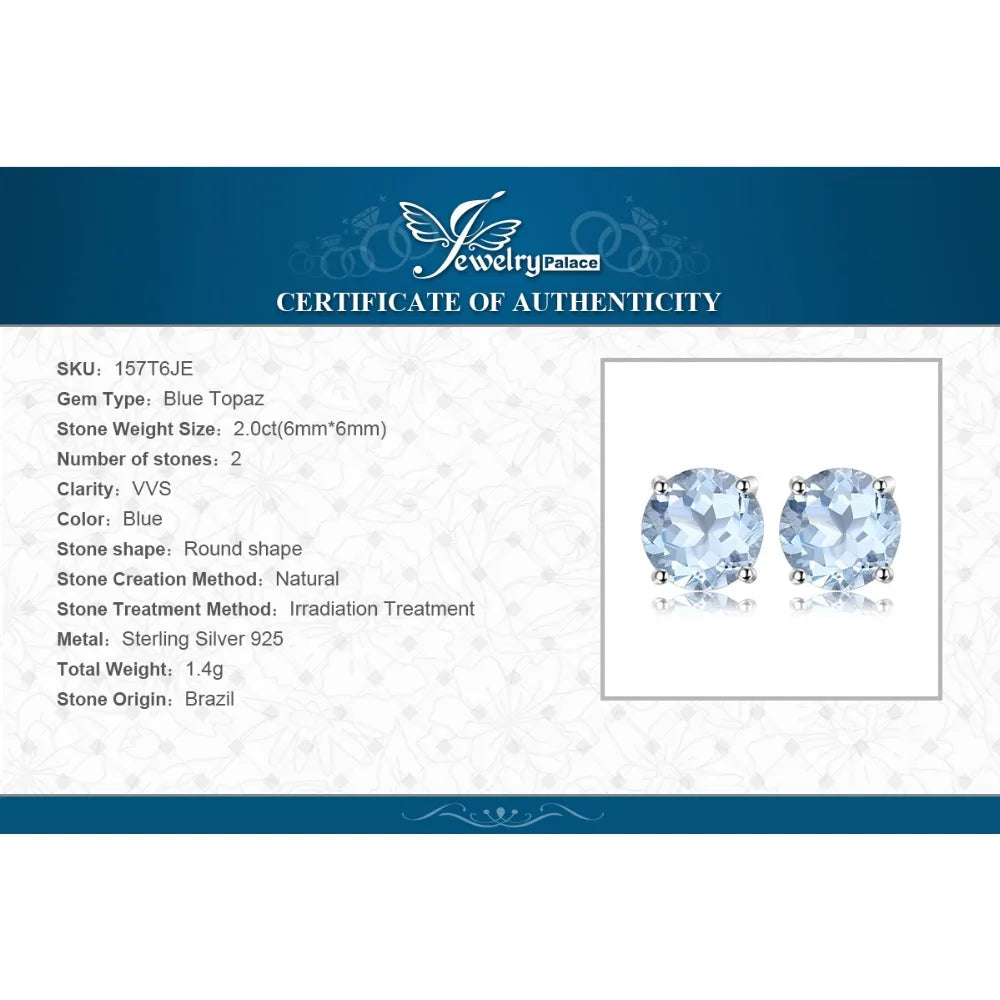 JewelryPalace Round 2ct Genuine Blue Topaz 925 Sterling Silver Stud Earrings for Women Fashion Gemstone Jewelry Anniversary Gift