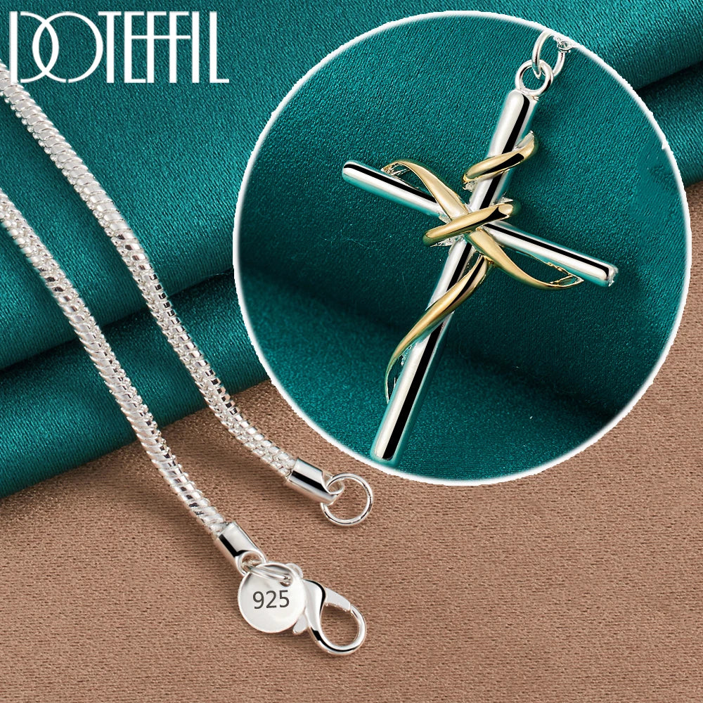DOTEFFIL 925 Sterling Silver Gold Cross Pendant Necklace 18-30 Inch Chain For Woman Man Fashion Wedding Engagement Party Jewelry Snake Chain