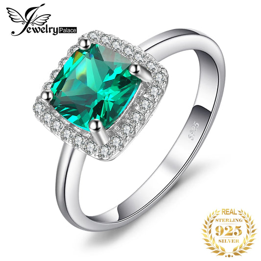 JewelryPalace Green Simulated Nano Emerald 925 Sterling Silver Rings for Women Halo Engagement Ring Statement Gemstones Jewelry CHINA