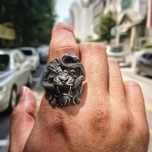 EYHIMD Lion and Snake Stainless Steel Ring Men's Punk Chimera Biker Ring Mythology Animal Jewelry