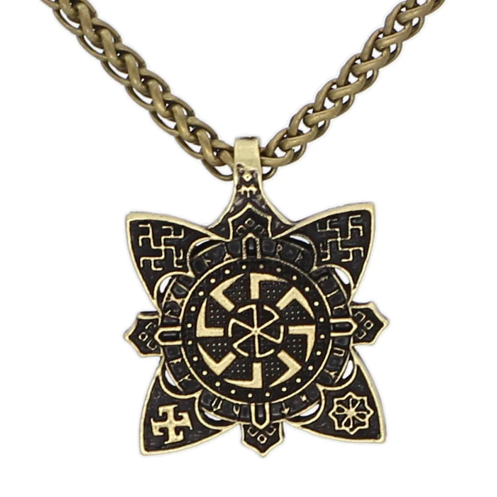 Slavic Kolovrat Wheel Amulet Pagan Pendant Necklace Viking Runes Star Of Russia Pentagram Talisman Vintage Jewelry Necklace