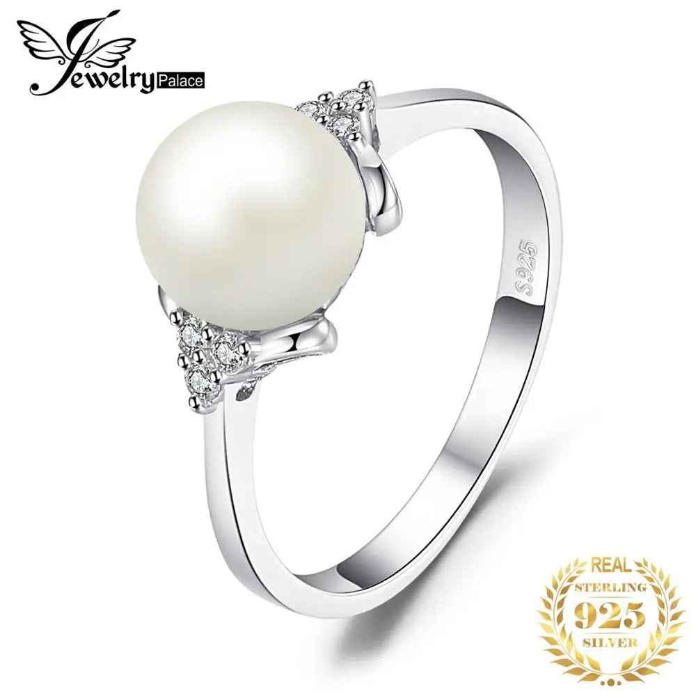 JewelryPalace 8mm White Shell Pearl 925 Sterling Silver Rings for Women Engagement Trendy Ring Fashion Gift Fine Jewelry