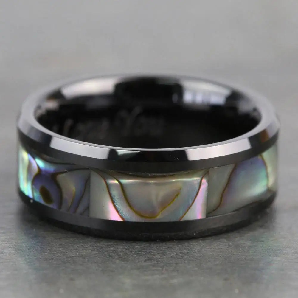 Fashion 8mm Men's Black Stainless Steel Ring Colorful Abalone Shell Inlay Beveled Edged Titanium Ring Men's Wedding Band
