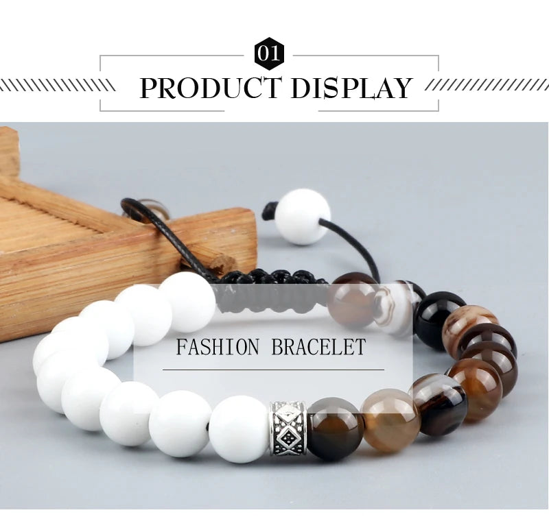 Fashion Black White Beaded Bracelets For Men 8mm Natural White Howlite Stone Beads Bracelet Women Meditation Prayer Jewelry Gift