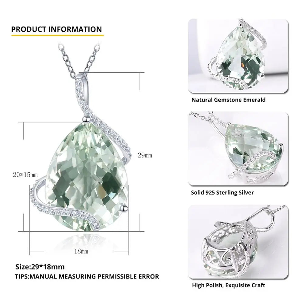 Hutang 15.1ct Green Amethyst Prasiolite 925 Silver Pendant for Women Natural Big Gemstone Sterling Silver Chain Fine Jewelry