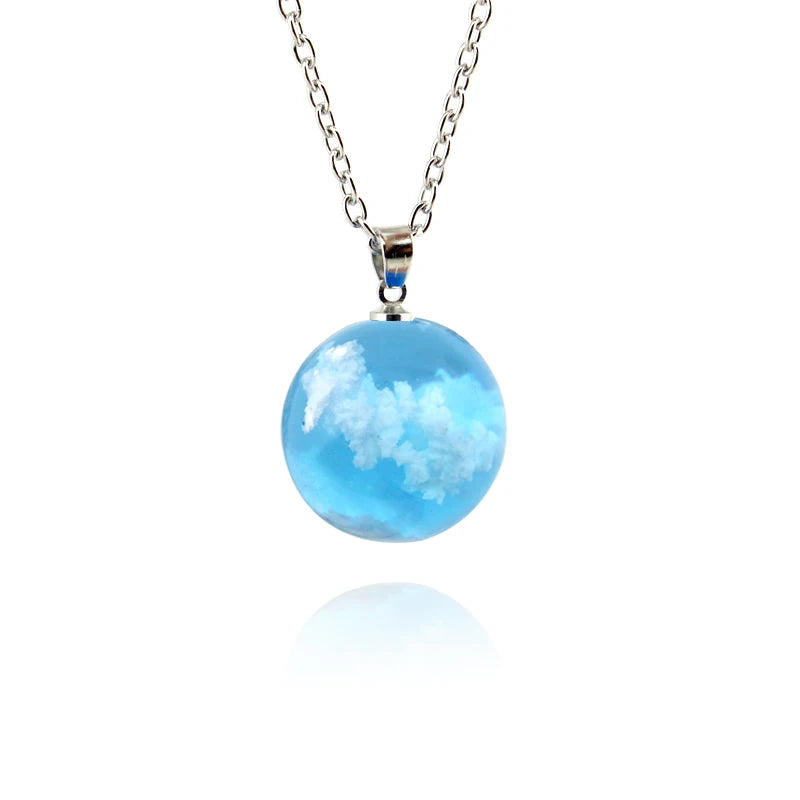 Transparent Resin Rould Ball Moon Pendant Necklace Women Blue Sky White Cloud Chain Necklace Fashion Jewelry Gifts Accessories Blue