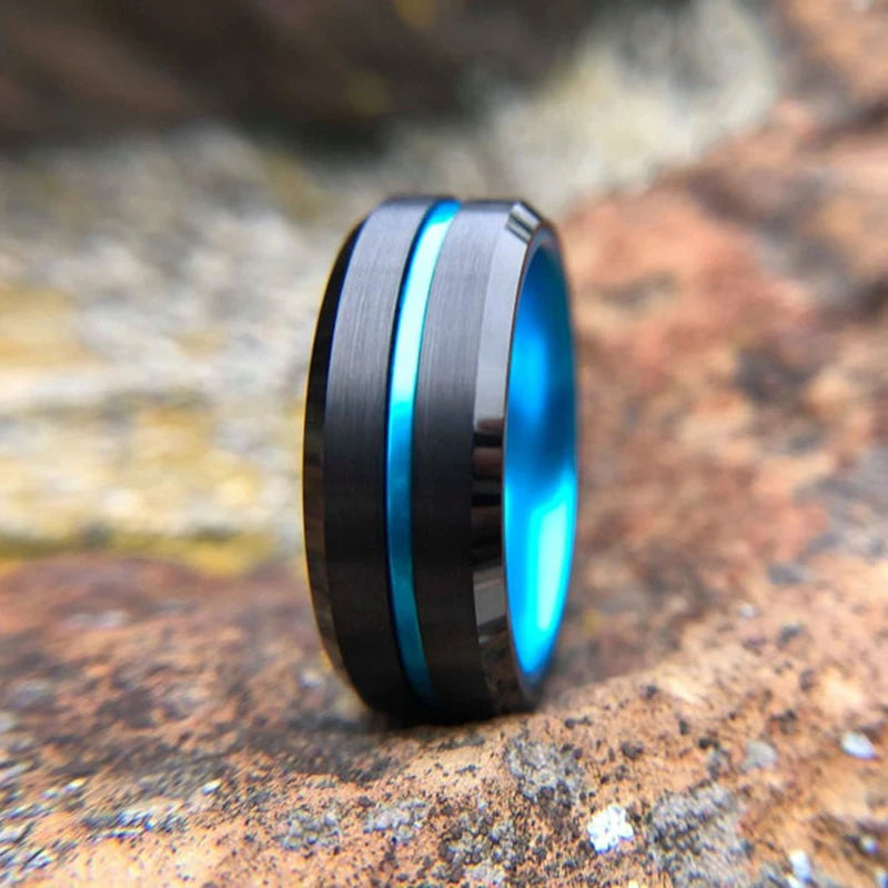 Fashion 8MM Men's Stainless Steel Rings Blue Red Colorful Groove Beveled Edge Wedding Engagement Ring Men's Anniversary Jewelry