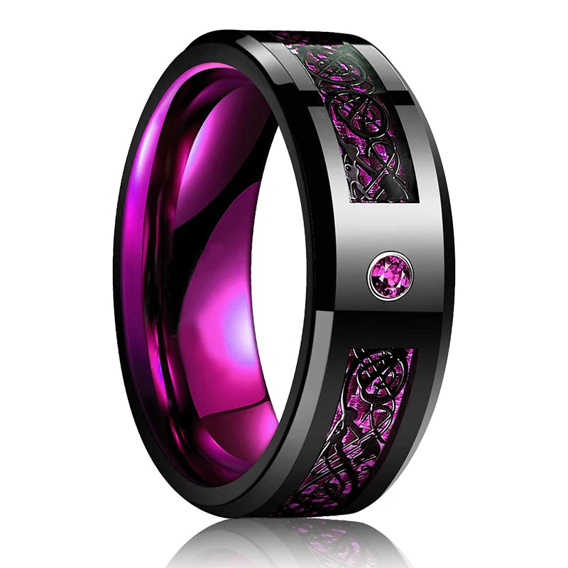 Fashion 8mm Black Tungsten Wedding Celtic Dragon Rings Inlaid Green Zircon Ring for Men Stainless Steel Purple Carbon Fibre Ring