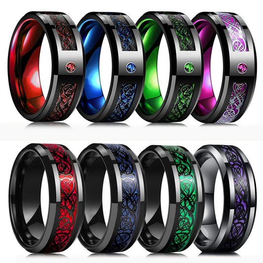 Fashion Men's 8mm Black Titanium Stainless Steel Celtic Dragon Rings Inlaid Blue Zircon Carbon Fibre Ring For Men Wedding Bands