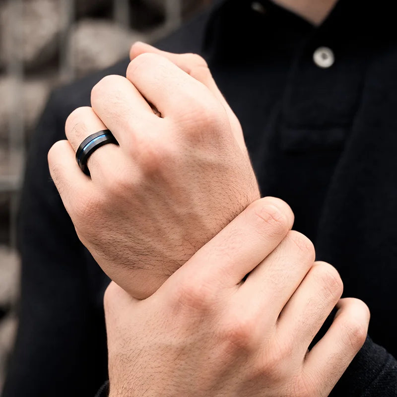 Fashion 8MM Men's Stainless Steel Rings Blue Red Colorful Groove Beveled Edge Wedding Engagement Ring Men's Anniversary Jewelry