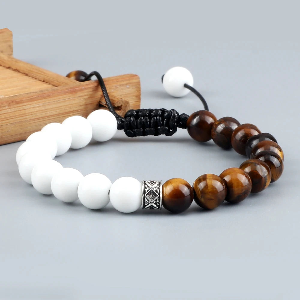 Fashion Black White Beaded Bracelets For Men 8mm Natural White Howlite Stone Beads Bracelet Women Meditation Prayer Jewelry Gift