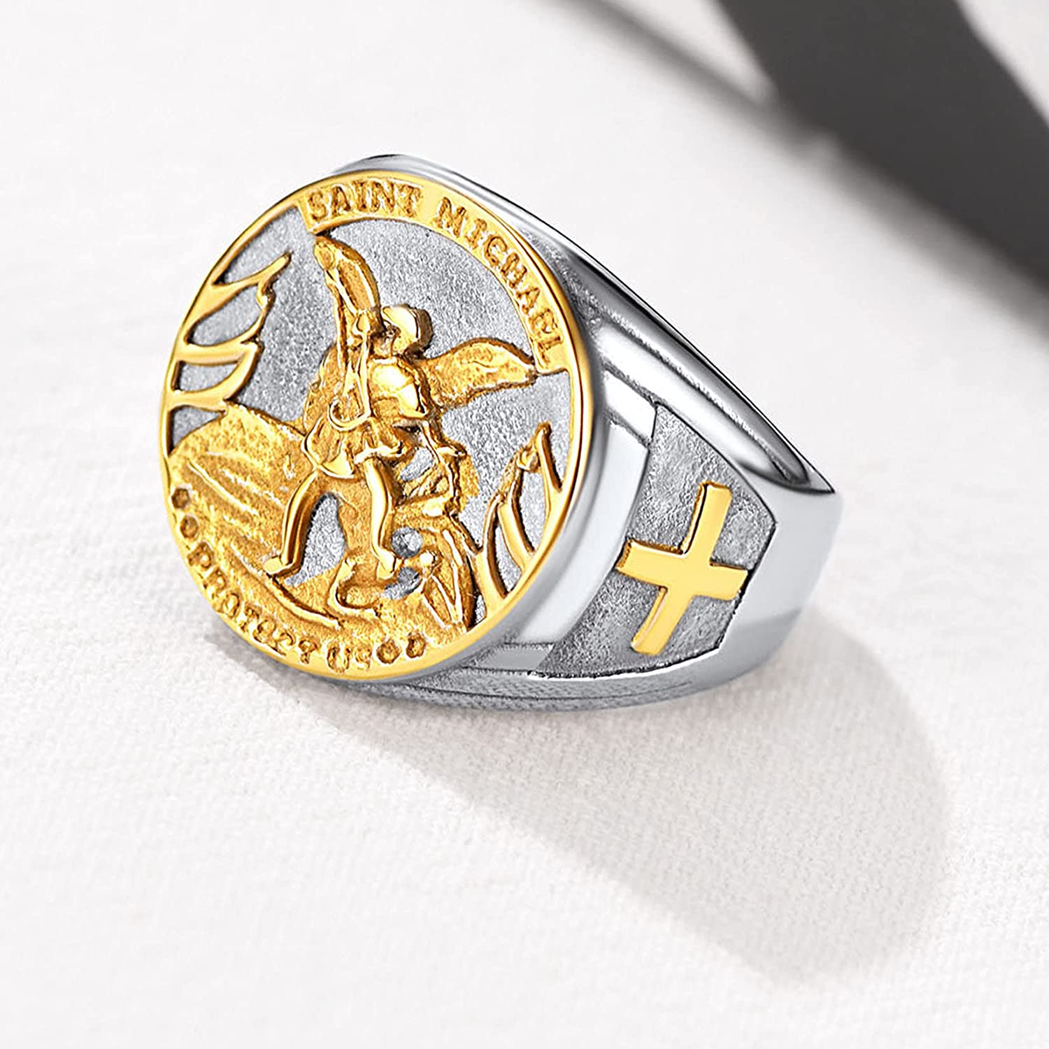 U7 Circle Signet Rings for Men Gold Color Stainless Steel Catholic Archangel Saint Michael Jewelry Unisex Cool Thumb Ring