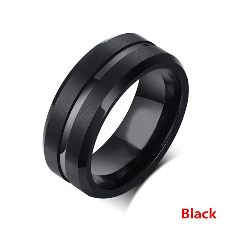Fashion 8MM Men's Stainless Steel Rings Blue Red Colorful Groove Beveled Edge Wedding Engagement Ring Men's Anniversary Jewelry