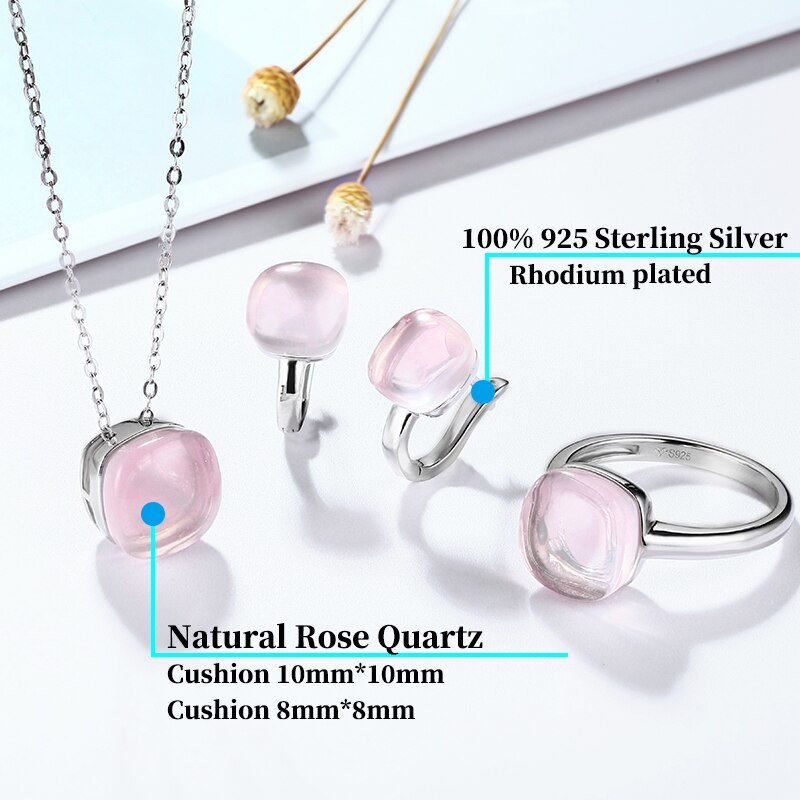 Natural Rose Quartz Sterling Silver Jewelry Sets Cabochon Cut 20.6 Carats Natural Pink Crystal Top Quality Stone Romantic Style