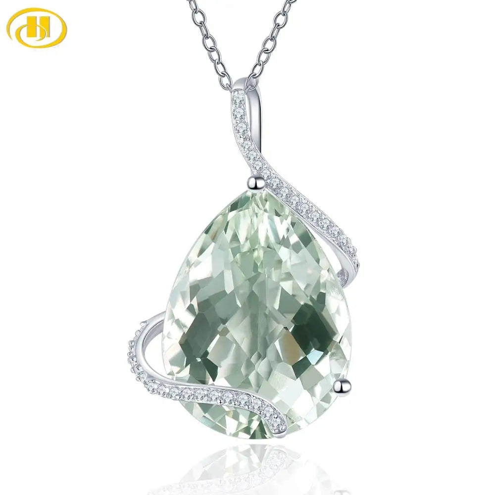 Hutang 15.1ct Green Amethyst Prasiolite 925 Silver Pendant for Women Natural Big Gemstone Sterling Silver Chain Fine Jewelry Default Title