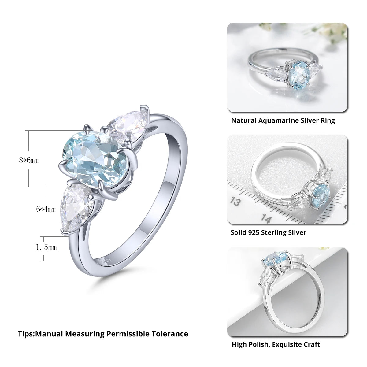 Natural Aquamarine Sterling Silver Rings 3.6 Carats Genuine Aquamarine Gemstone Light Blue Faced Cut Classic Style S925 Jewelry