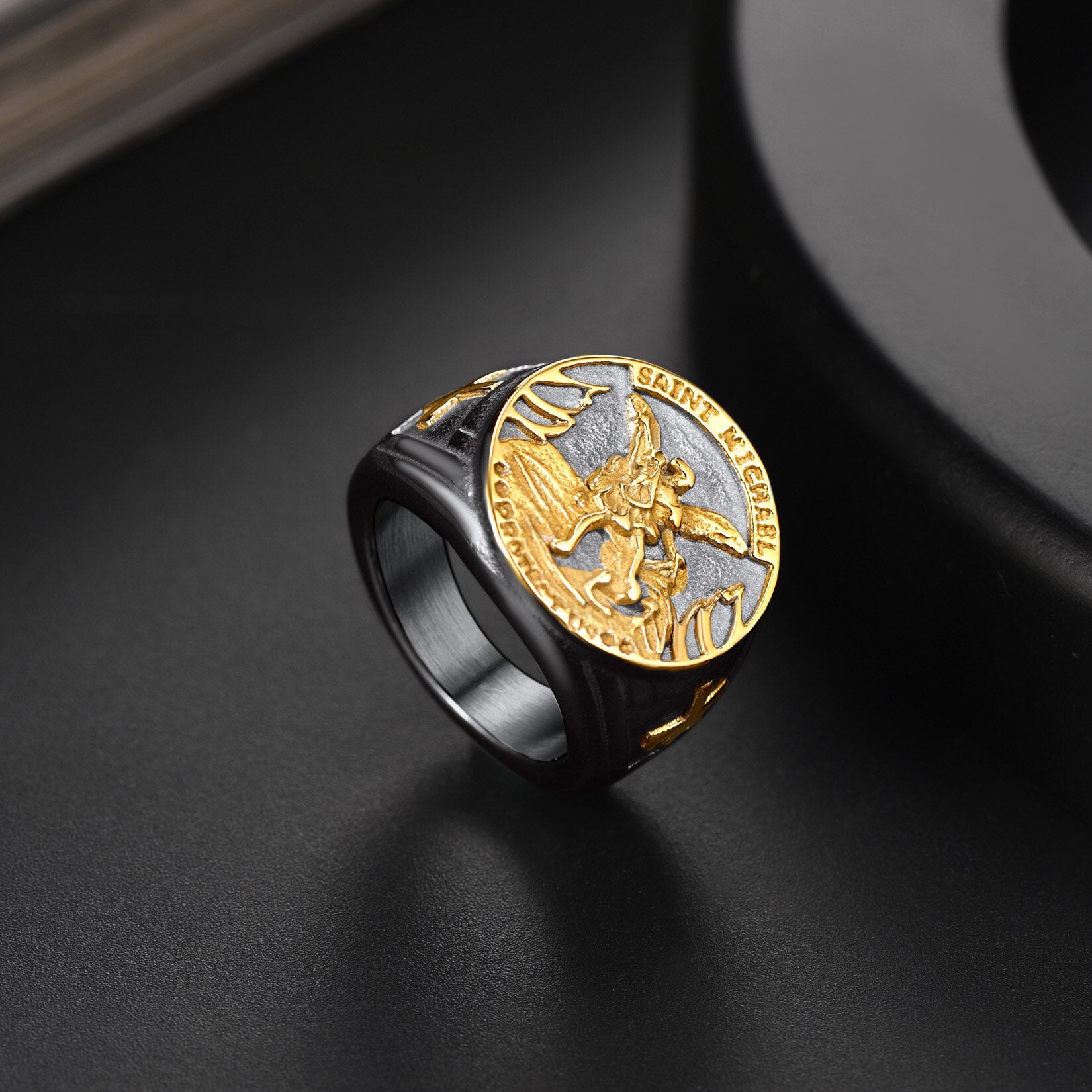 U7 Circle Signet Rings for Men Gold Color Stainless Steel Catholic Archangel Saint Michael Jewelry Unisex Cool Thumb Ring