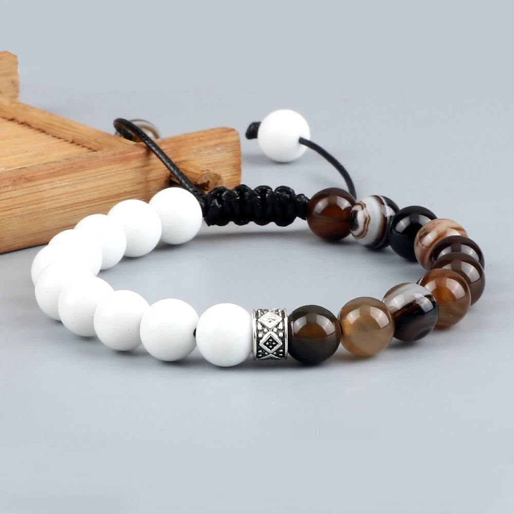 Fashion Black White Beaded Bracelets For Men 8mm Natural White Howlite Stone Beads Bracelet Women Meditation Prayer Jewelry Gift