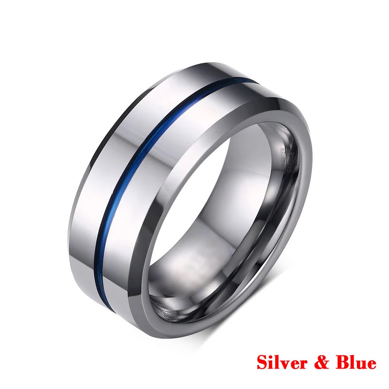 Fashion 8MM Men's Stainless Steel Rings Blue Red Colorful Groove Beveled Edge Wedding Engagement Ring Men's Anniversary Jewelry