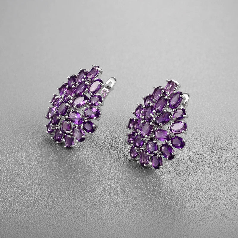 New style flower shape natural gemstone African amethyst clasp earrings 925 sterling silver fine jewelry for women daily wear