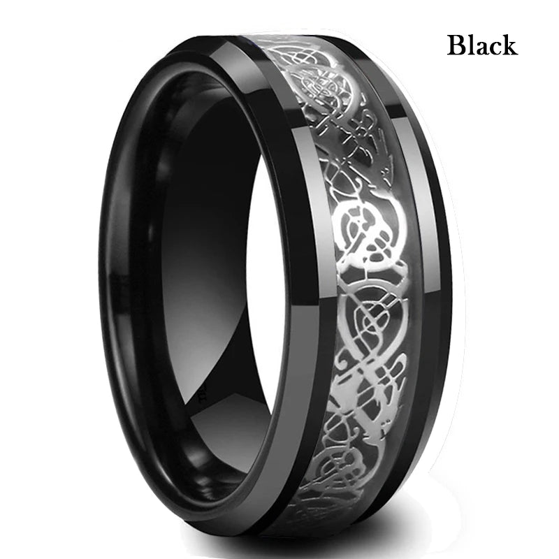 21 Colors 8mm Men's Stainless Steel Celtic Dragon Ring Inlay Red Green Black Carbon Fiber Ring Wedding Band Jewelry Size 6-13