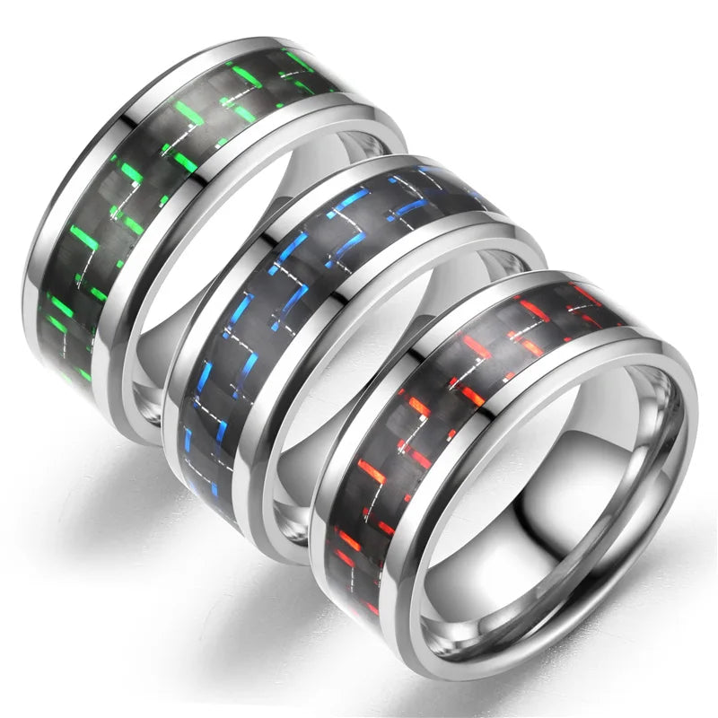 Fashion 8mm Black Stainless Steel Dragon Rings For Men Women Inlaid Blue Carbon Fiber Men Rings Punk Wedding Band Jewelry Gifts