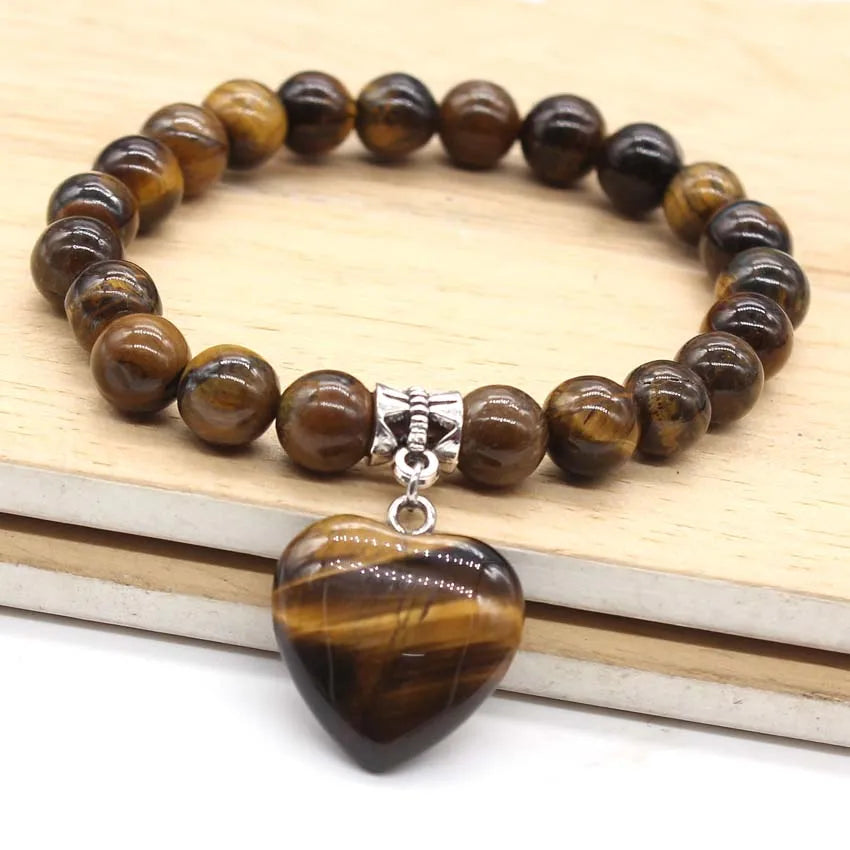 KFT Natural Round Loose Beads Stone Dangle Heart Bracelet Healing Crystal Quartz Reiki Stone Bracelets Jewelry for Women Men