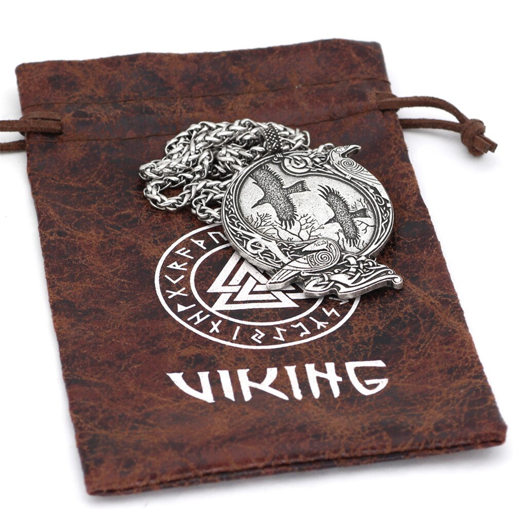 Vikings Odin&#39;s Raven Necklaces Men Norse Vegvisir Amulet Antique Bronze Metal Pendant Crow Scandinavian Punk Gothic Male Jewelry