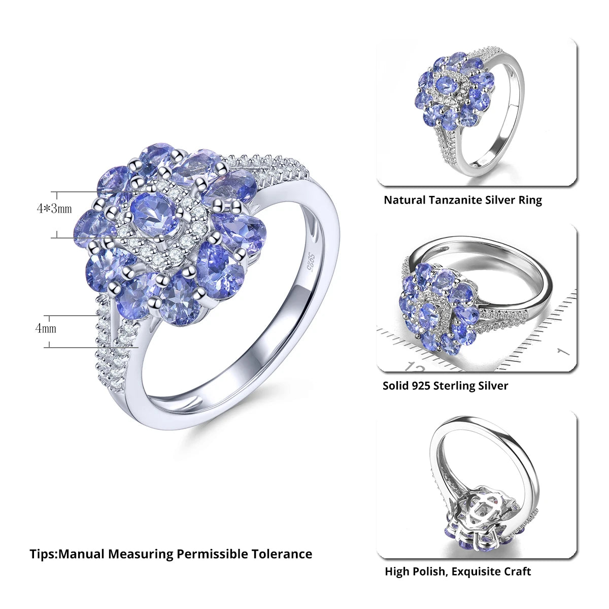 Natural Tanzanite Silver Rings 1.5 Carats Genuine Gemstone S925 Classic Jewelry Top Quality Birthday Gifts Wedding Jewelrys