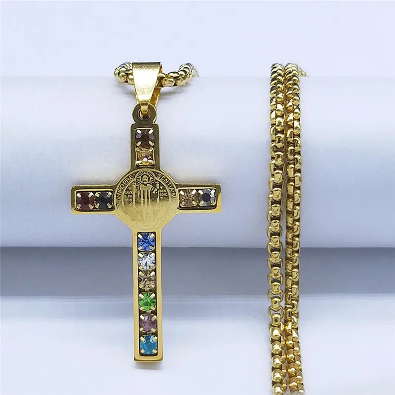 Catholic Jesus Cross Stainless Steel Necklace Saint Benedict Crystal Virgin Mary Pendant Crucifix Male Necklaces Jewelry Cruz
