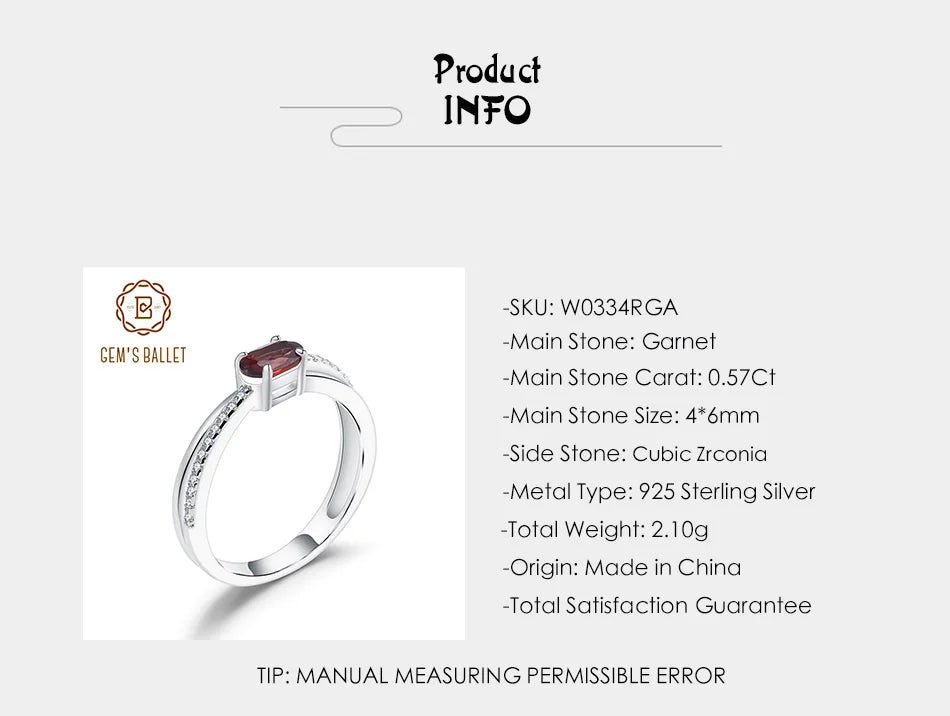 GEM'S BALLET Anillos de granate rojo natural para mujer, anillo de piedra preciosa de plata de ley 925 auténtica, piedra de nacimiento, regalo para niña, joyería al por mayor