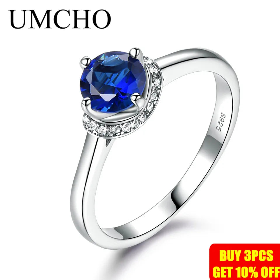 UMCHO Blue Sapphire Gemstone Rings for Women Genuine 925 Sterling Silver Halo Promise Ring Engagement Wedding Party Jewelry Gift