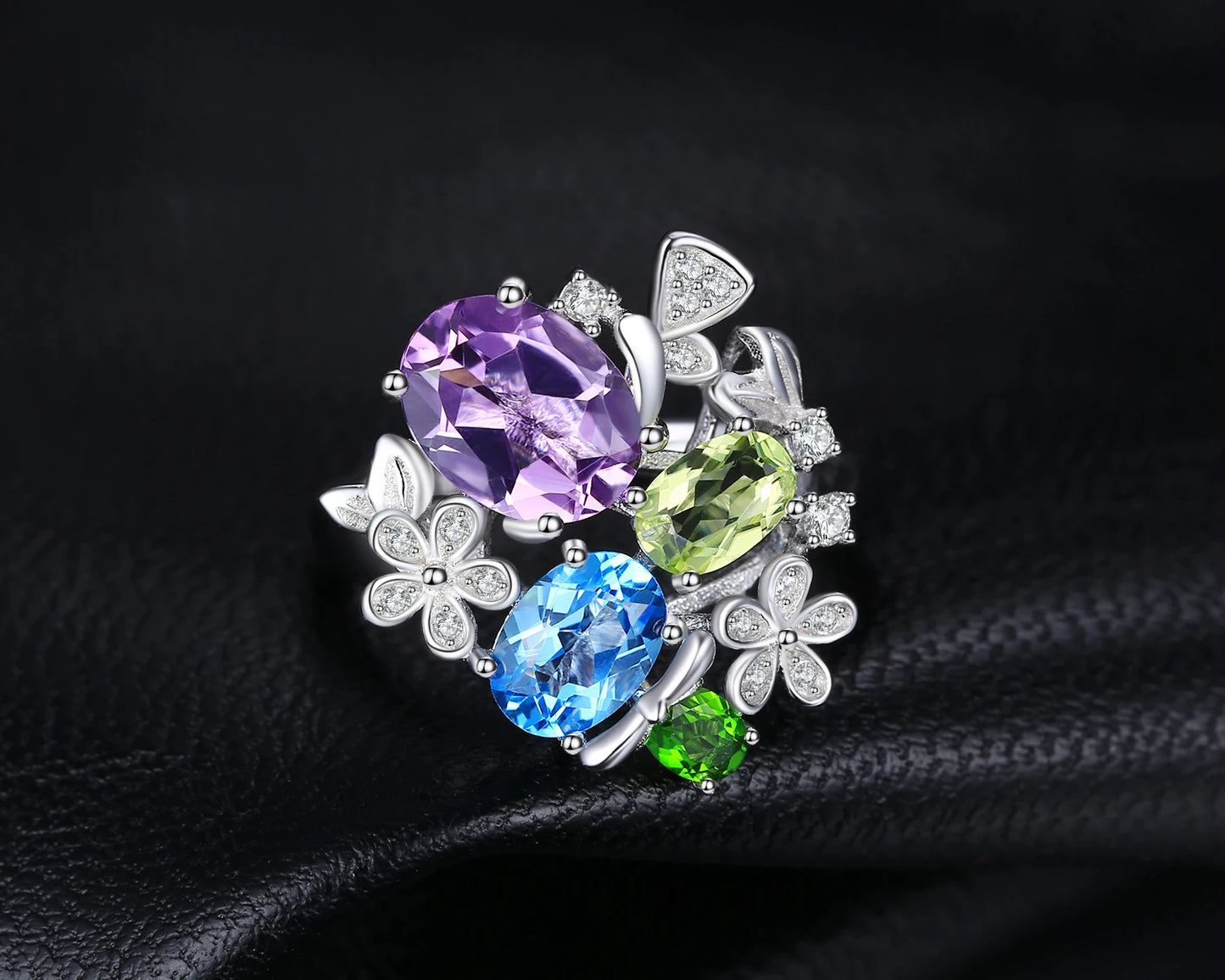 JewelryPalace Flower Natural Amethyst Blue Topaz Peridot Chrome Diopside Open Adjustable Cocktail Ring 925 Sterling Silver Women