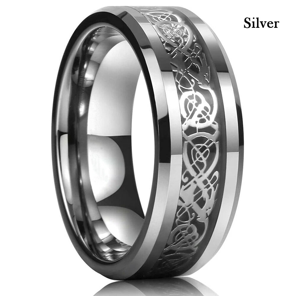 21 Colors 8mm Men's Stainless Steel Celtic Dragon Ring Inlay Red Green Black Carbon Fiber Ring Wedding Band Jewelry Size 6-13