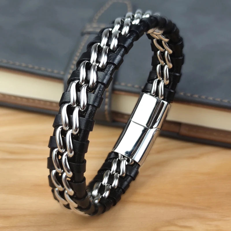 Genuine Leather Chain Bracelet for Men Magnetic Stainless Steel Clasp in Plated Gold Exclusive Jewellery Gift Wholesale Dropping