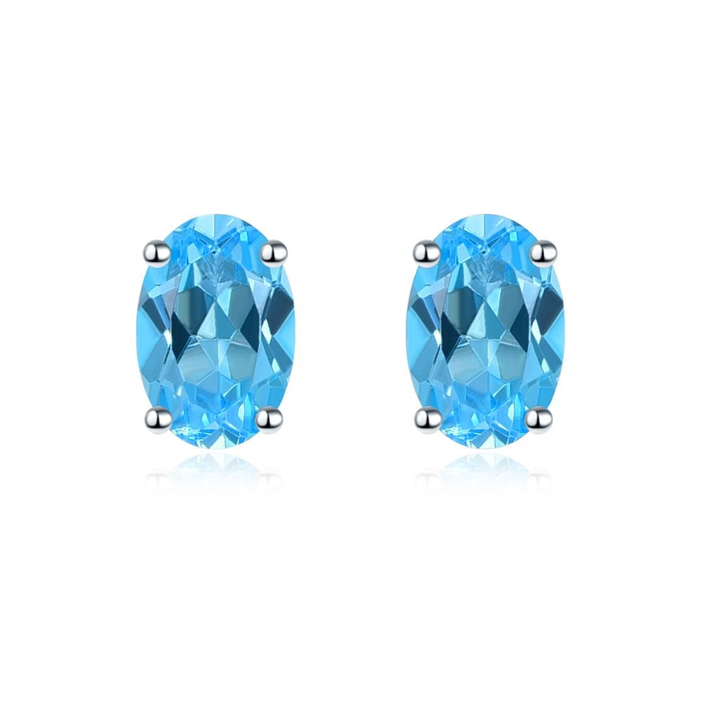 Hutang Oval 6x4 Genuine Blue Topaz 925 Silver Stud Earrings Solid 925 Sterling Silver Fine Elegant Gemstone Jewelry for Women