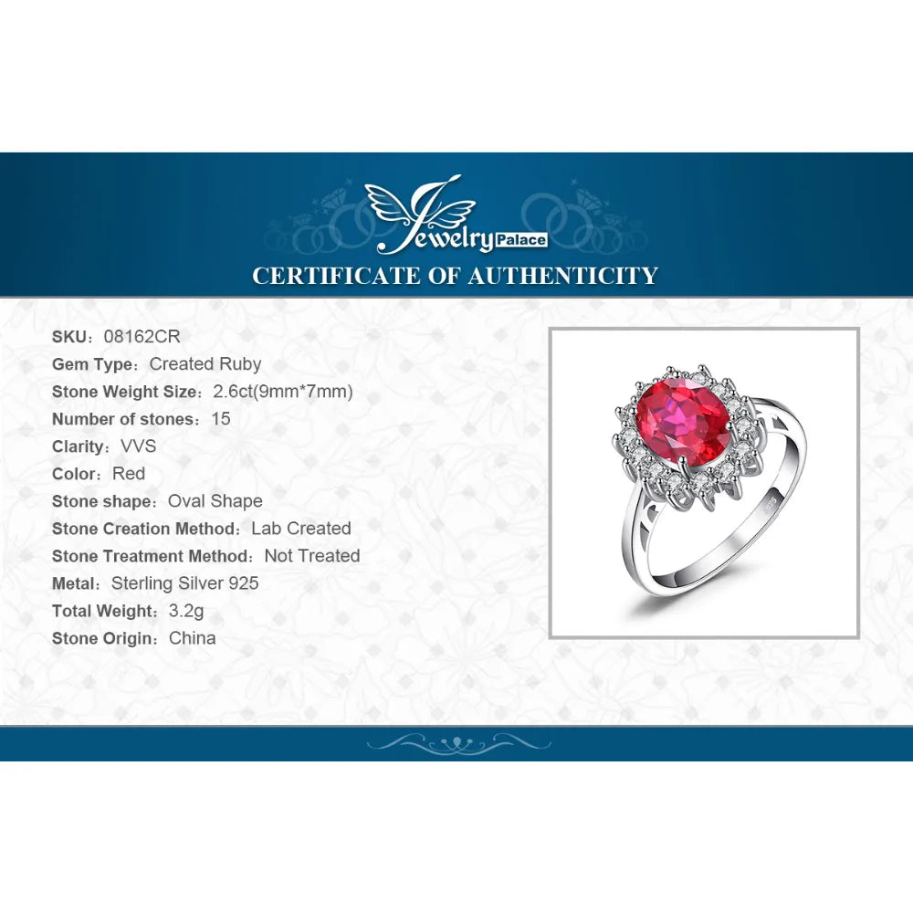 JewelryPalace Princess Diana 2.6ct Created Red Ruby 925 Sterling Silver Halo Ring for Women Engagement Gemstone Fine Jewelry