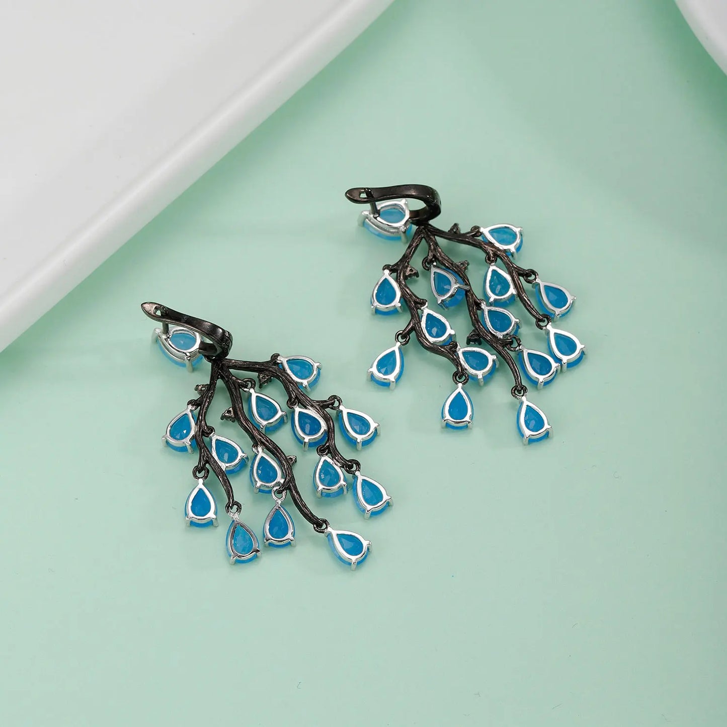GEM'S BEAUTY 925 Sterling Silver Handmade Stud Earrings For Women Natural Pear Cut Aqua-blue Calcedony Vintage Stud Earrings