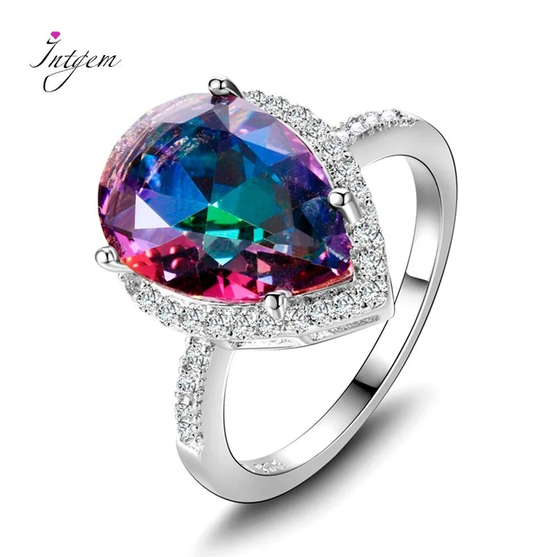 Ladies Jewelry S925 Silver Ring Mystical Rainbow Topaz Dripping Ring Wedding Jewelry Party Valentine's Day Ring Gift Wholesale 7