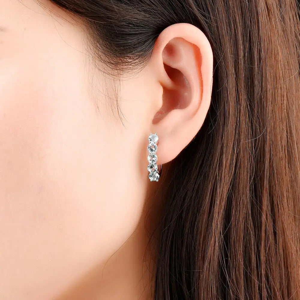 Hutang Natural Aquamarine 925 Silver Hoop Earrings Light Blue Gemstone Solid 925 Sterling Silver Simple Earrings for Women