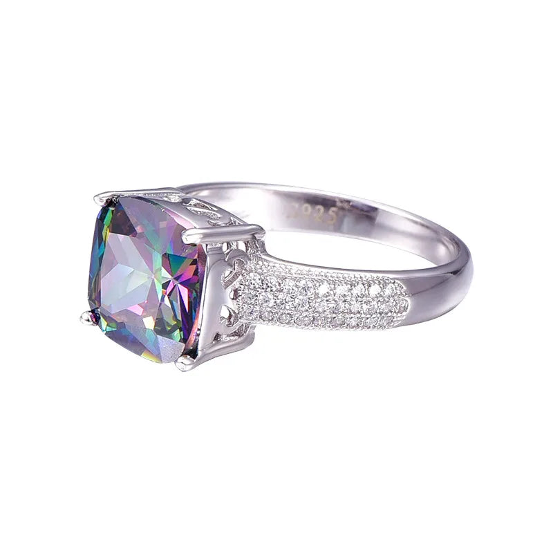 BONLAVIE Luxury 7.3ct Rainbow Fire Mystic Topazs Ring With AAA Crystal S925 Sterling Silver Jewelry Charm For Women Gift