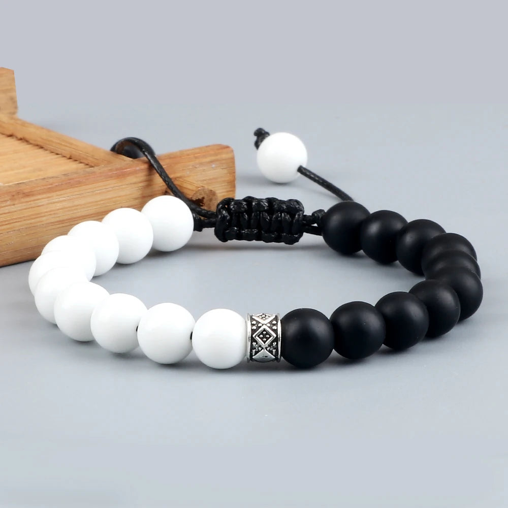 Fashion Black White Beaded Bracelets For Men 8mm Natural White Howlite Stone Beads Bracelet Women Meditation Prayer Jewelry Gift