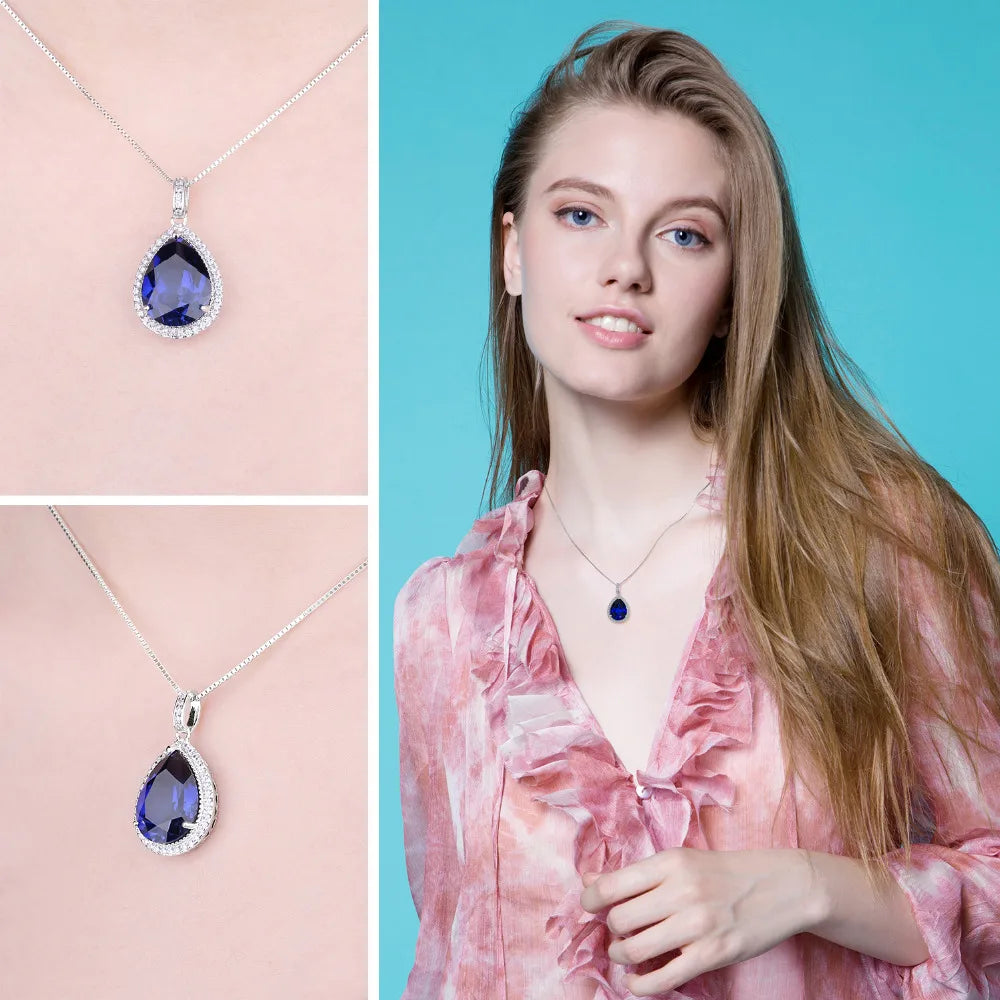 JewelryPalace 12ct Huge Created Blue Sapphire 925 Sterling Silver Pendant Necklace for Women Gemstone Choker Without Chain